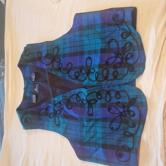 Vintage Liz Claiborne Sport Blue Plaid 100% Silk Embellishe Sz MP Vest Waistcoat - Picture 6 of 12